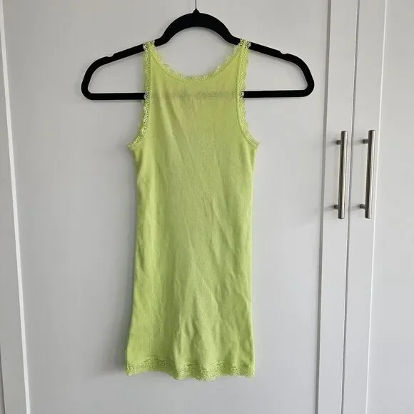 VTG Arizona Lime Green Ribbed Tank Top Lace Trim Sleeveless Cotton Cami‎ Y2K - Picture 2 of 7